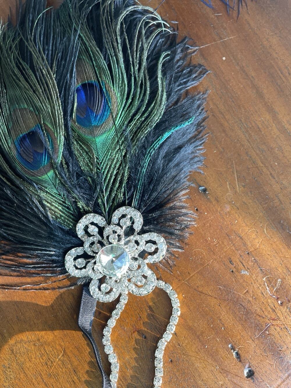 1920s Gatsby Flapper Feather Headband Beaded Blue Green Costume
